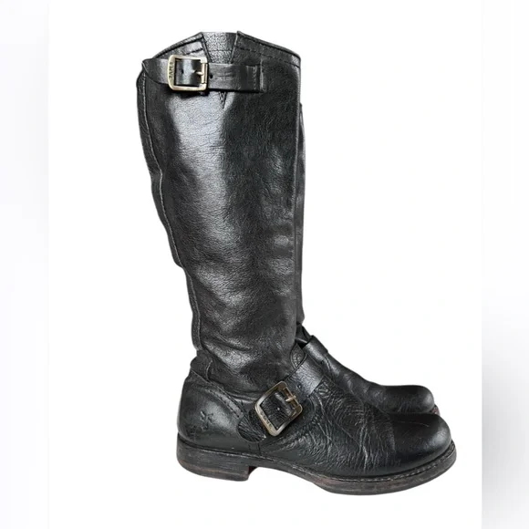 Frye Tall Black Veronica Slouch Black Leather Riding Boots Buckles Size Sz 6.5 - Picture 6 of 16